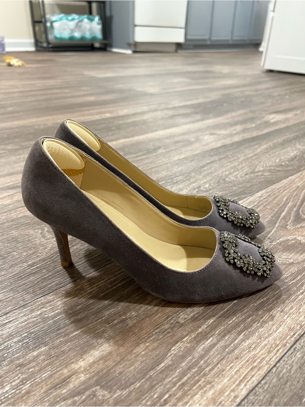 MANOLO BLAHNIK Hangisi Gray Velvet Suede Pointed-Toe Pumps Shoes